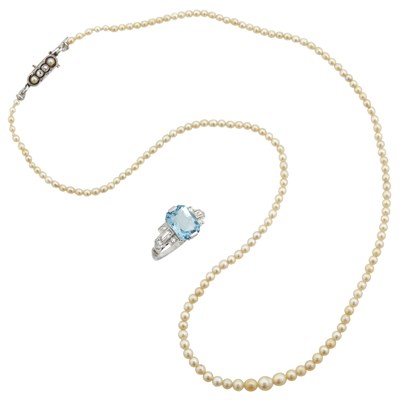 Lot 86 - Platinum, Aquamarine and Diamond Ring and Antique Pearl Necklace with Platinum, Gold, Pearl and Diamond Clasp