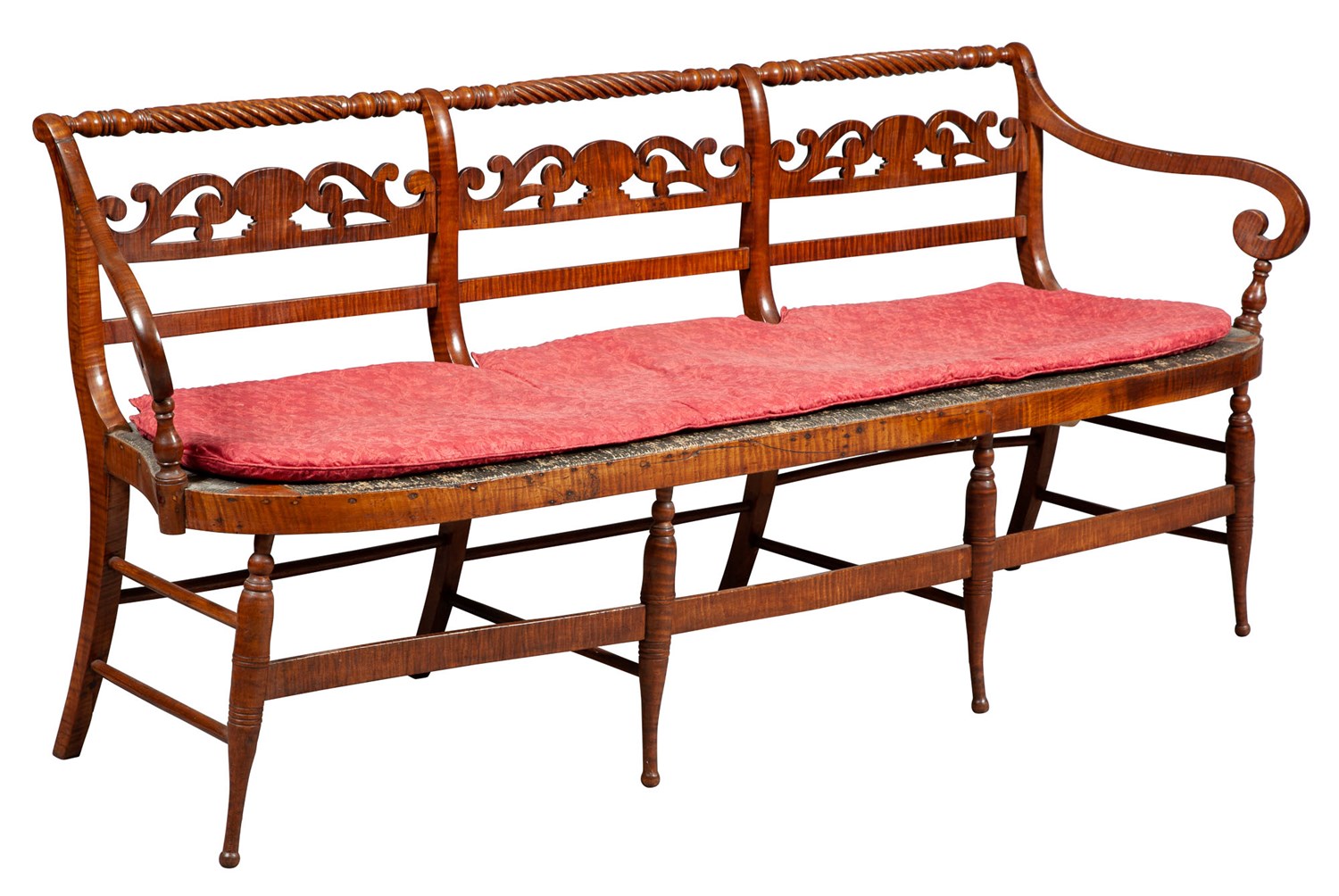 Lot 278 - Classical Figured Maple Settee Pennsylvania,...