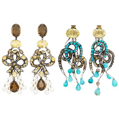 Lot 62 - Iradj Moini Two Pairs of Turquoise, Freshwater Pearl, Colored Stone and Rhinestone Pendant-Earclips