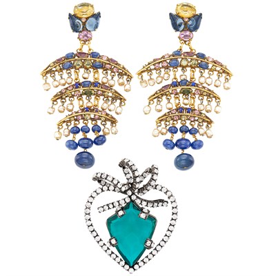 Lot 60 - Iradj Moini Pair of Sapphire Bead, Freshwater Pearl, Lapis and Rhinestone Pendant-Earclips and Brooch