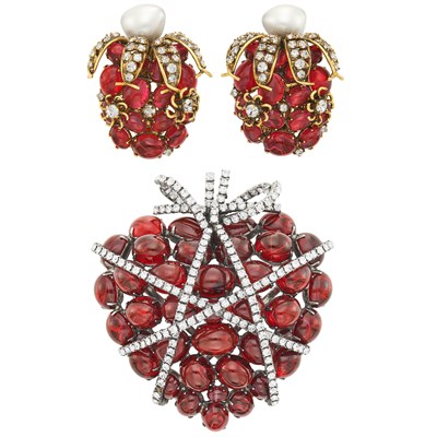 Lot 65 - Iradj Moini Cabochon Red Glass and Rhinestone Heart Brooch and Pair of Earclips