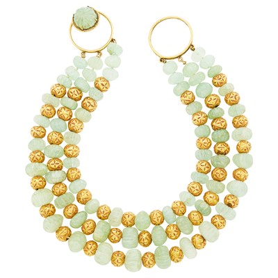Lot 61 - Iradj Moini Triple Strand Fluted Emerald and Gilt-Metal Bead Necklace
