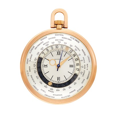 Lot 37 - Agassiz Rose Gold Open Face 'World Time' Open Face Pocket Watch