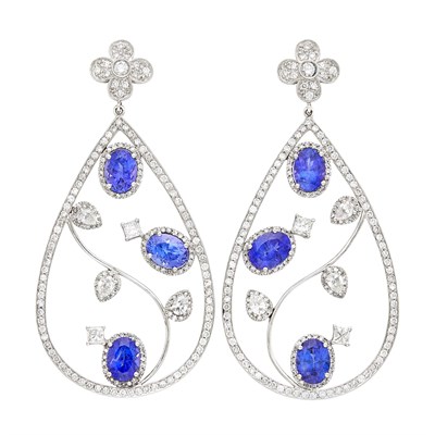 Lot 1274 - Pair of White Gold, Diamond and Tanzanite Pendant-Earrings