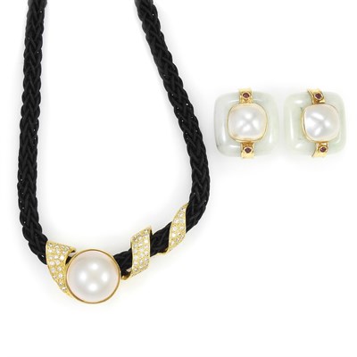 Lot 1059 - Pair of Gold, Jade, Mabé Pearl and Ruby Earclips and Gold, Mabé Pearl, Diamond and Black Cord Necklace
