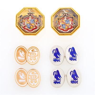 Lot 147 - Group of Gold, Platinum, and Enamel Stewart Family Crest Cufflinks