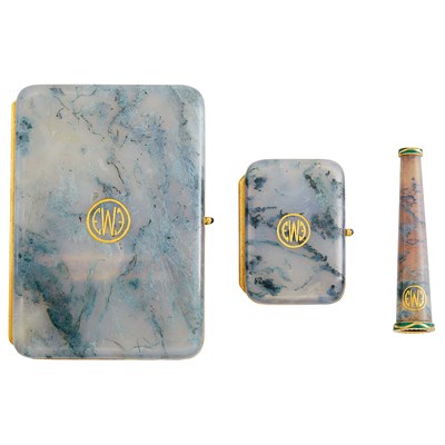 Lot 30 - By Dreicer & Co. Moss Agate, Gold and Enamel Smoking Set, France