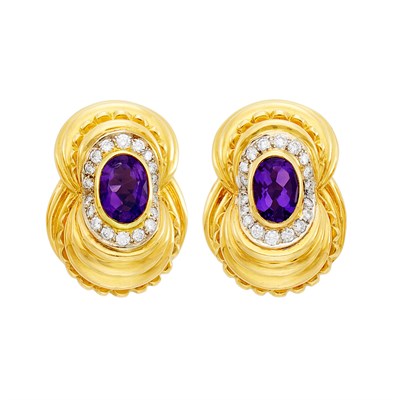 Lot 1081 - Pair of Gold, Amethyst and Diamond Earclips