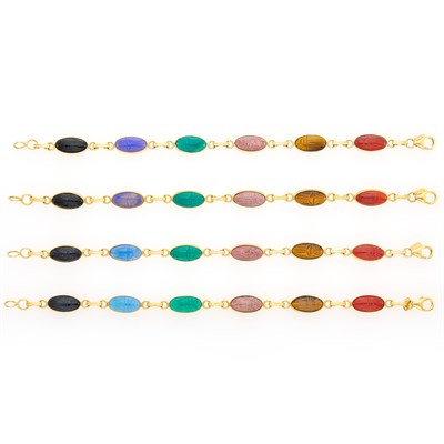 Lot 48 - Four Gold and Hardstone Scarab Bracelets