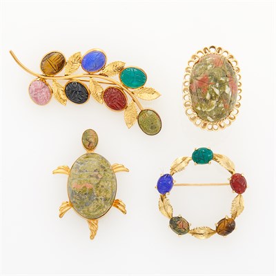 Lot 96 - Gold and Hardstone Scarab Ring and Three Brooches