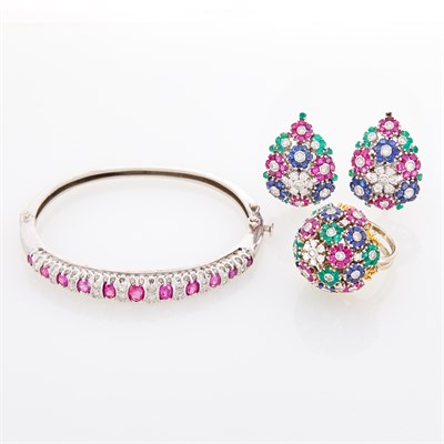 Lot 59 - White Gold, Ruby and Diamond Bangle Bracelet and Pair of Diamond and Gem-Set Floret Earclips and Dome Ring