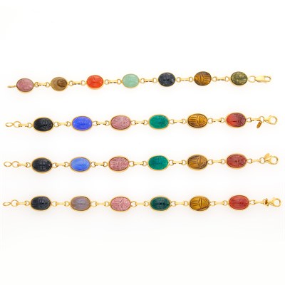 Lot 42 - Four Gold and Hardstone Scarab Bracelets