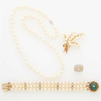 Lot 216 - Group of Cultured Pearl Jewelry and Gold and Diamond Ring
