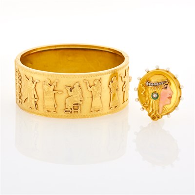 Lot 163 - Art Nouveau Gold, Enamel, Diamond and Seed Pearl Pin and Gold Cuff Bangle Bracelet