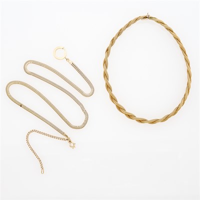 Lot 223 - Braided Gold Mesh Necklace and Gold Snake Chain