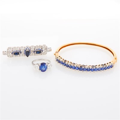 Lot 174 - Sapphire and Diamond Bar Pin, Bangle Bracelet and Synthetic Sapphire and Diamond Ring