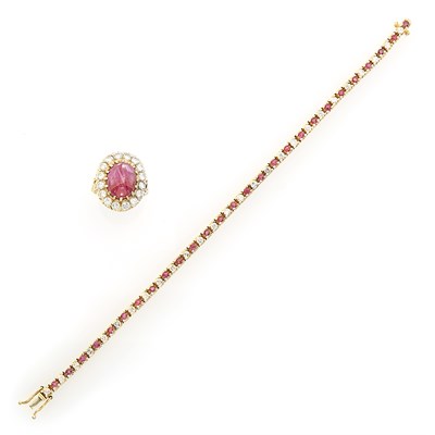 Lot 202 - Gold, Ruby and Diamond Bracelet and Cabochon Ruby and Diamond Ring