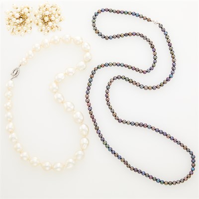 Lot 110 - Baroque South Sea Cultured Pearl Necklace with Platinum and Diamond Clasp, Pair of Fringe Earclips and Black Pearl Necklace