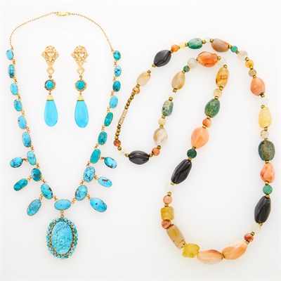 Lot 71 - Pair of Gold, Turquoise and Diamond Pendant-Earrings, Fringe Necklace and Hardstone Bead Necklace