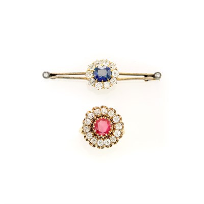 Lot 157 - Antique Gold, Synthetic Ruby and Diamond Ring and Sapphire and Diamond Bar Pin