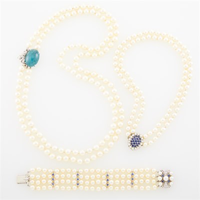 Lot 137 - Two Double Strand Cultured Pearl, White Gold, Cabochon Tourmaline, Sapphire and Diamond Necklaces and Four Strand Bracelet