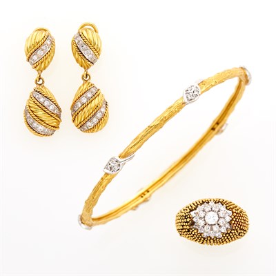 Lot 229 - Gold and Diamond Dome Ring, Bangle Bracelet and Pair of Pendant-Earclips