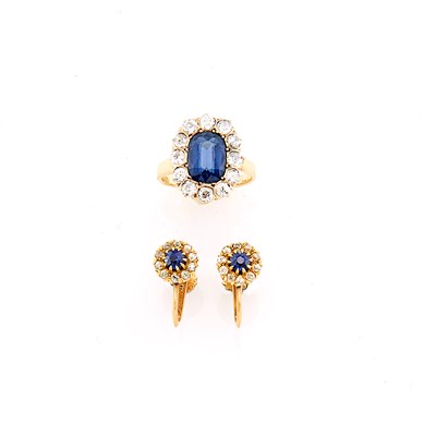 Lot 78 - Gold, Low Karat Gold, Blue Glass and Diamond Ring and Pair of Sapphire and Diamond Earclips
