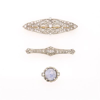 Lot 171 - Platinum, Gray Star Sapphire and Diamond Ring and Two Platinum and Diamond Filigree and Bar Brooches