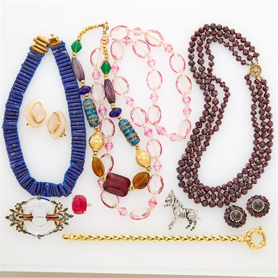 Lot 133 - Sodalite Bead Necklace, Triple Strand Garnet Bead Necklace, White Gold, Synthetic Ruby and Diamond Ring and Costume Jewelry