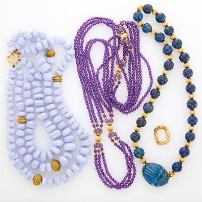 Lot 108 - Triple Strand Blue Lace Agate and Gold Bead Necklace, Long Multistrand Amethyst Bead Necklace and Blue Hardstone Necklace