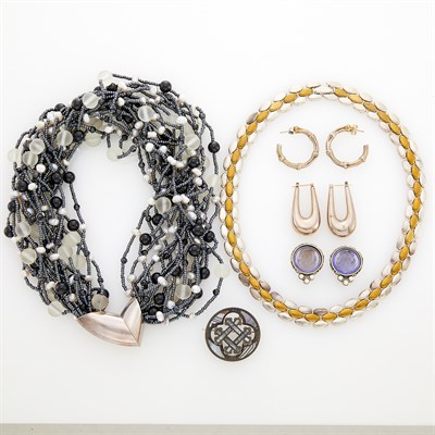 Lot 129 - Group of Sterling Silver Jewelry, Blue Glass Intaglio Earclips and Multistrand Bead Necklace
