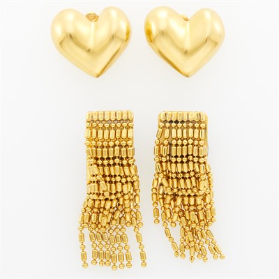 Lot 1040 - Robert Lee Morris Pair of Gilt-Metal Heart Earclips and Pair of Gilt-Metal Fringe Earclips