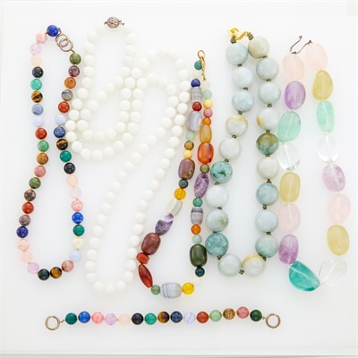 Lot 77 - Five Colored Stone and Hardstone Bead Necklaces and Bracelet with Silver Clasps