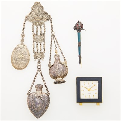 Lot 145 - Antique Silver, Bloodstone and Jasper Sword Pin, Chatelaine and Gilt-Metal and Black Enamel Desk Alarm Clock