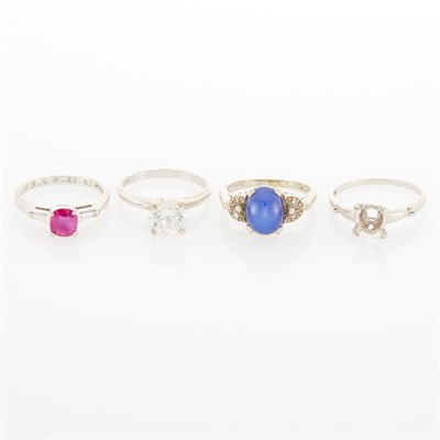 Lot 176 - Three White Gold, Platinum, Ruby, Synthetic Star Sapphire and Simulated Diamond Rings and Mounting
