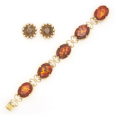 Lot 16 - Pair of Gold, Smoky Quartz and Cultured Pearl Earclips and Gold and Amber Bracelet