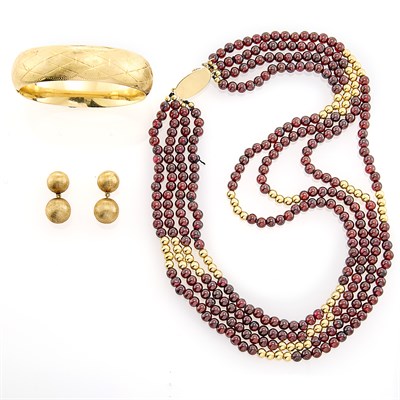 Lot 119 - Pair of Gold Ball Pendant-Earrings, Bangle Bracelet and Four Strand Garnet and Gold Bead Torsade Necklace