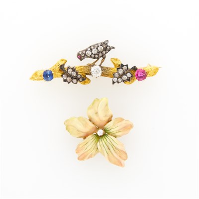 Lot 165 - Antique Gold, Enamel and Diamond Flower Pin and Gold, Silver, Diamond and Gem-Set Bird on a Branch Pin