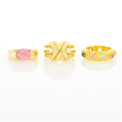 Lot 13 - Tiffany & Co. Gold 'X' Ring, Gold and Cabochon Pink Tourmaline Ring and Gem-Set Band Ring