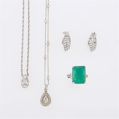 Lot 175 - Platinum, Carved Emerald and Diamond Ring, Two Diamond Pendant-Necklaces and Pair of Costume Leaf Earrings