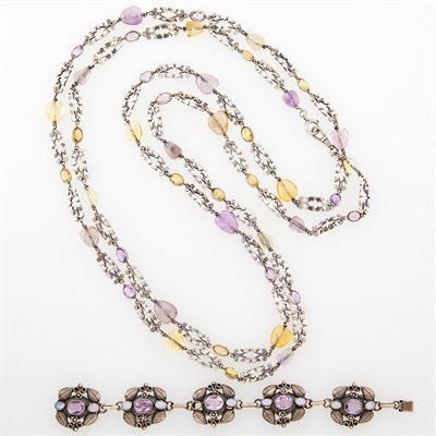 Lot 1247 - Long Silver, Tumbled Citrine and Amethyst Bead Link Necklace and Arts and Crafts Silver, Amethyst and Opal Bracelet