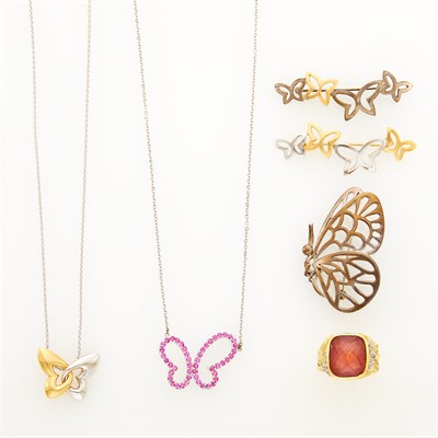 Lot 195 - Group of Silver, Yellow and White Gold, Pink Sapphire, Pink Tourmaline and Diamond Butterfly Jewelry
