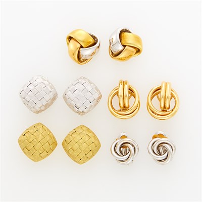 Lot 109 - Five Pairs of Yellow and White Gold Knot and Dome Earclips
