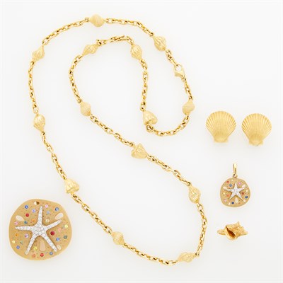 Lot 111 - Gold Shell Chain Necklace, Diamond and Multicolored Sapphire Pendant-Brooch, Charm, Pair of Shell Earclips and Ring