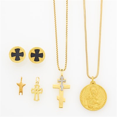 Lot 69 - Two Gold and Diamond Religious Pendant-Necklaces, Two Charms and Pair of Gold and Black Onyx Earclips