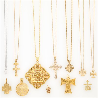 Lot 219 - Seven Yellow and White Gold Religous Pendant-Necklaces and Five Charms