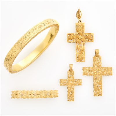 Lot 243 - Three Gold Cross Pendants, Bangle Bracelet and Pin