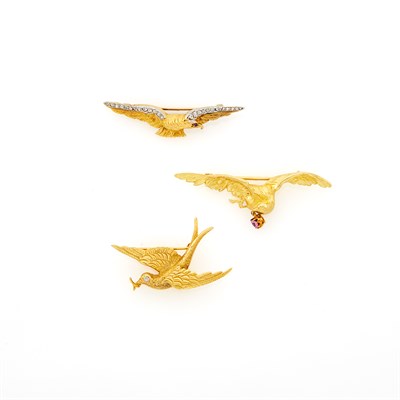 Lot 1153 - Three Antique Gold, Platinum, Diamond and Pink Sapphire Doves and Eagle Pins
