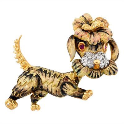 Lot 39 - Two-Color Gold, Diamond, Ruby and Enamel Dog Brooch