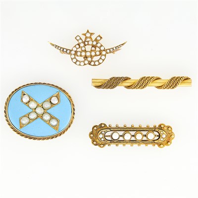 Lot 1162 - Four Antique Gold, Pearl and Split Pearl Pins
